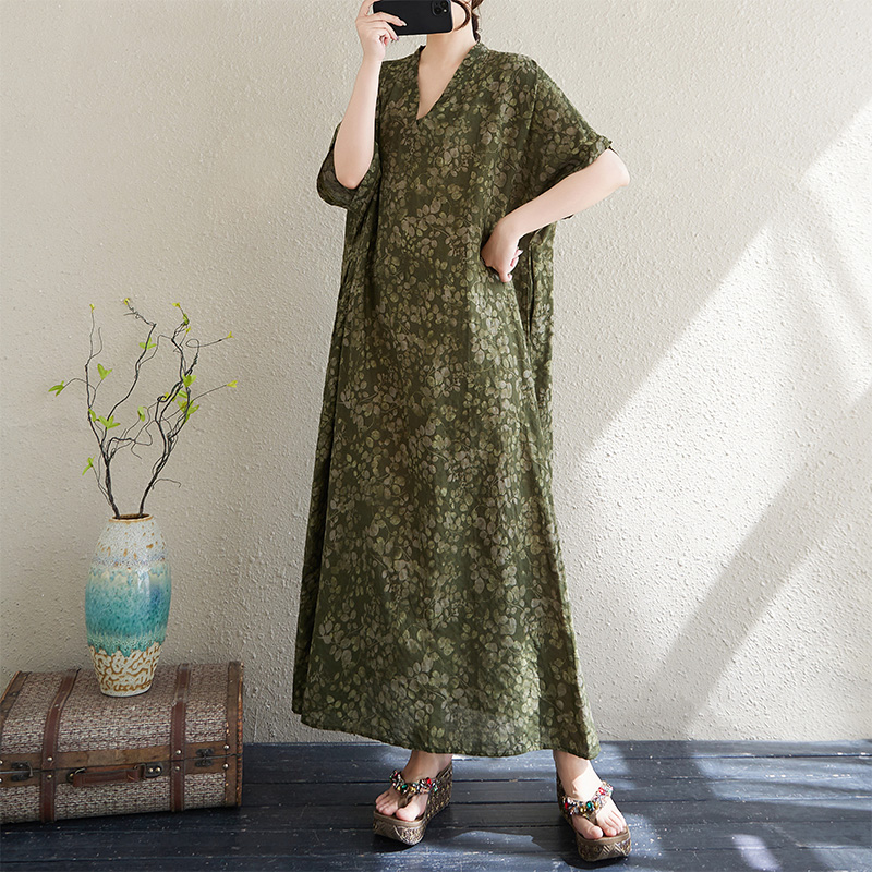 Linen Dress Wrap - 夏用Vネックルーズコットンリネンロングビーチスカートバケーションスタイルカジュアルラップローブ大きいサイズレディースワンピース薄手素材