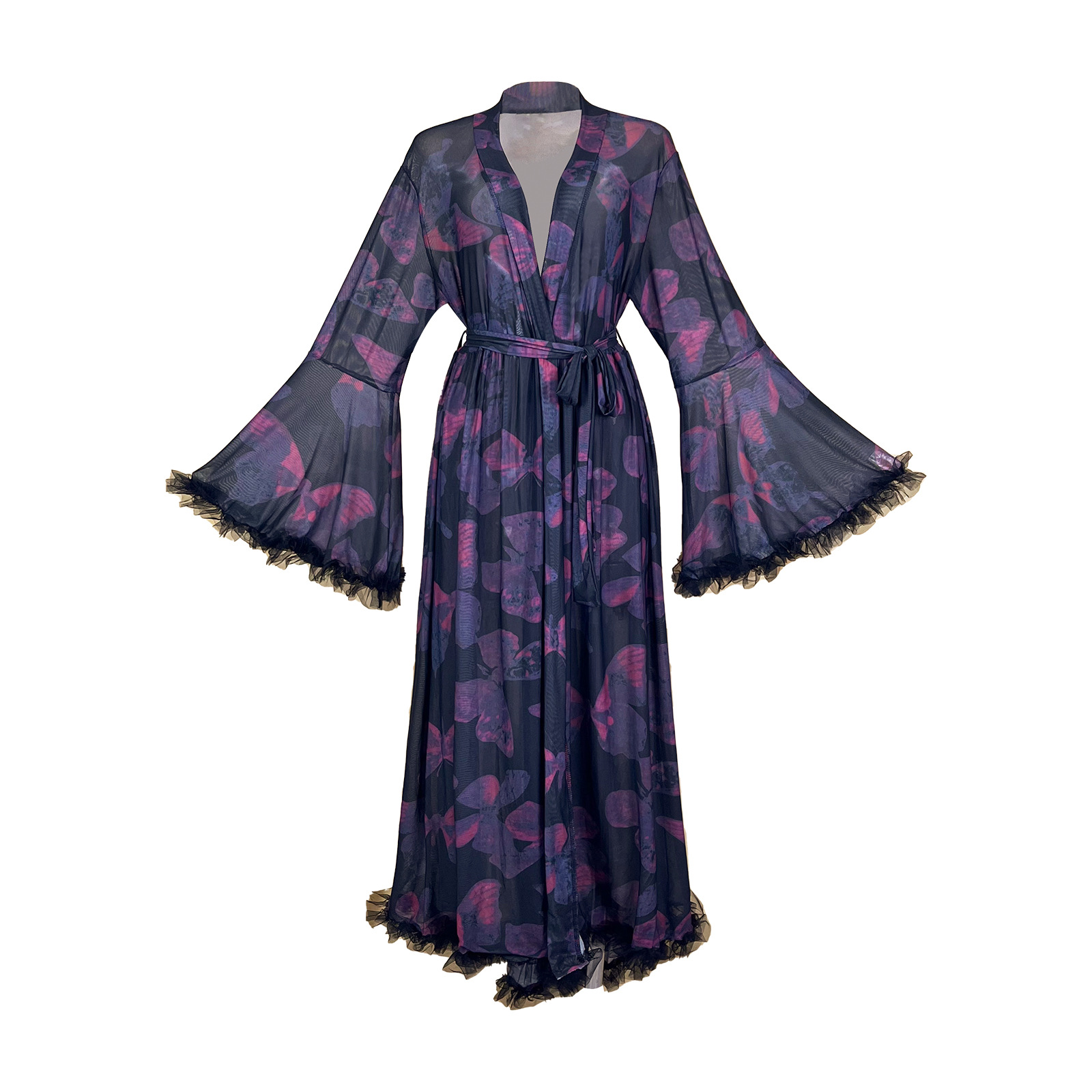 Kimono Sheer Floral - 夏用シースループリントメッシュローブ 花柄フリンジエッジ ロングタイアップ レディースホームバスローブ フレアベルスリーブ ラッフルトリム