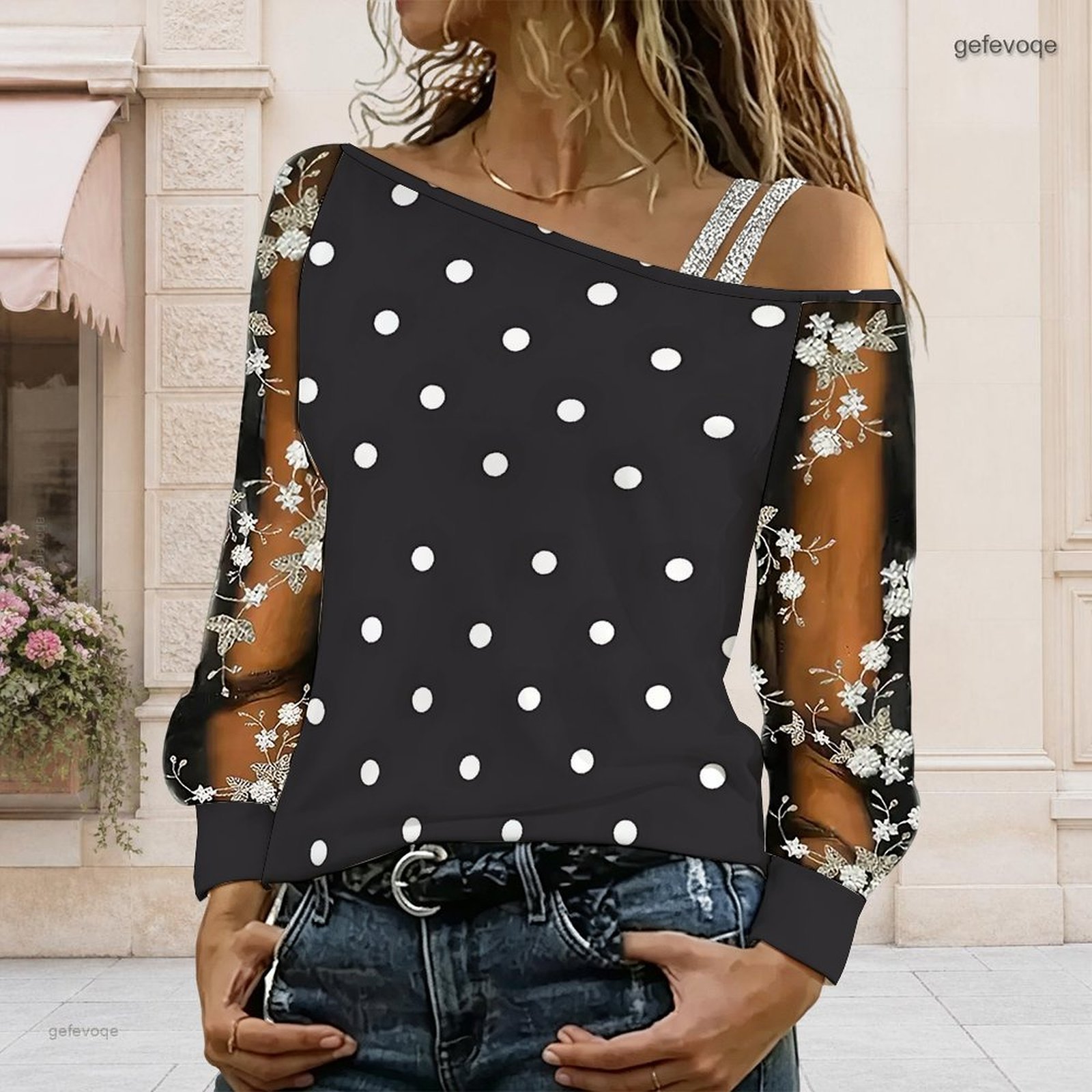Blouse Off Shoulder - 女性用オフショルダーブラウス、アシンメトリーなワンショルダートップ、レース花柄メッシュ、長袖スリングディテール、ルーズカジュアルTシャツ