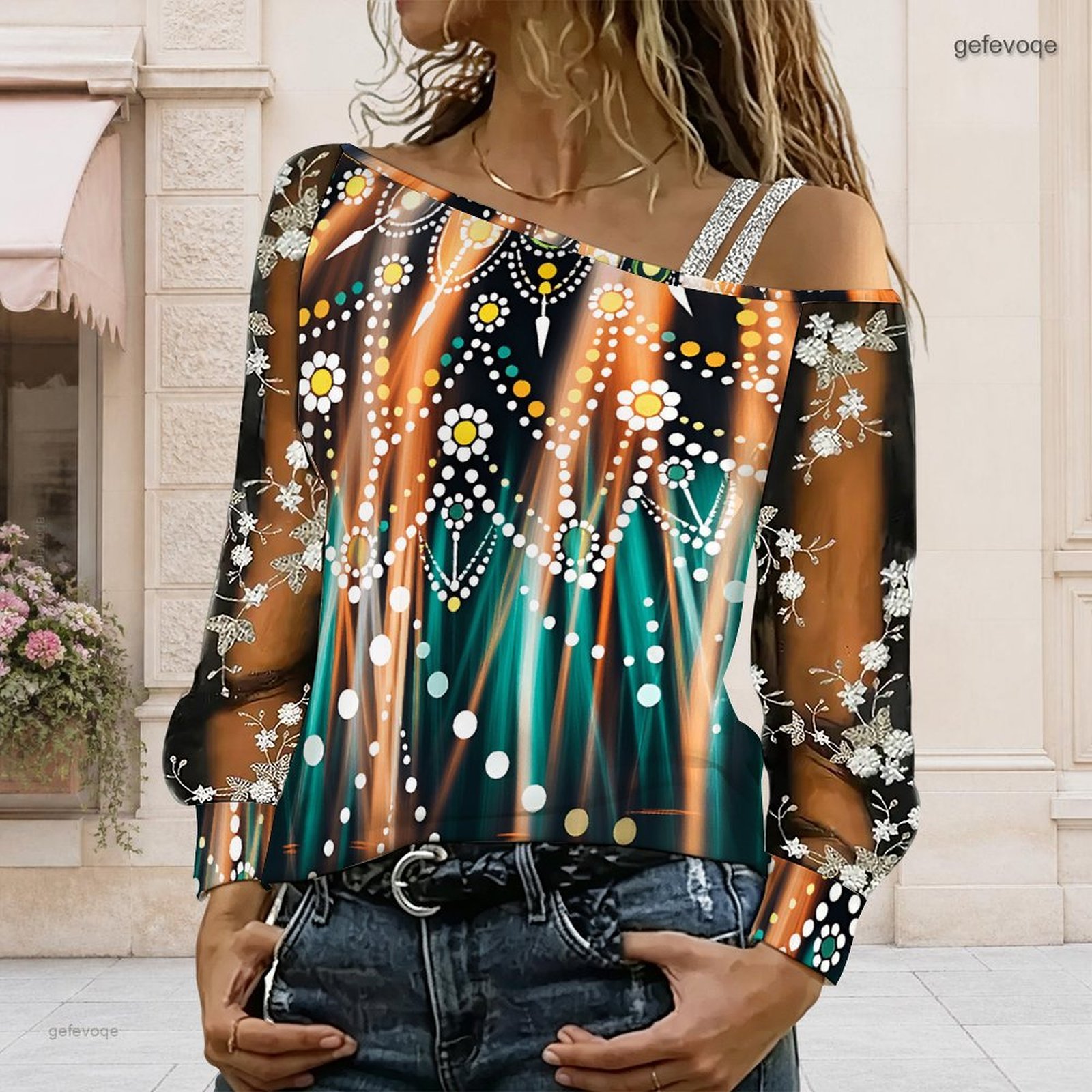 Blouse Off Shoulder - 女性用オフショルダーブラウス、アシンメトリーなワンショルダートップ、レース花柄メッシュ、長袖スリングディテール、ルーズカジュアルTシャツ