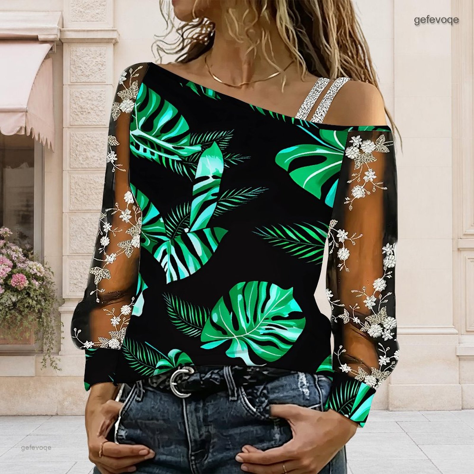 Blouse Off Shoulder - 女性用オフショルダーブラウス、アシンメトリーなワンショルダートップ、レース花柄メッシュ、長袖スリングディテール、ルーズカジュアルTシャツ