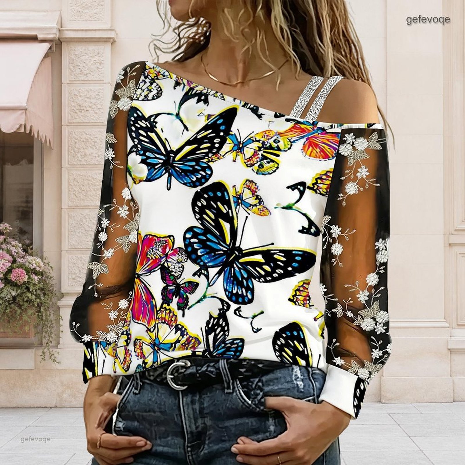 Blouse Off Shoulder - 女性用オフショルダーブラウス、アシンメトリーなワンショルダートップ、レース花柄メッシュ、長袖スリングディテール、ルーズカジュアルTシャツ