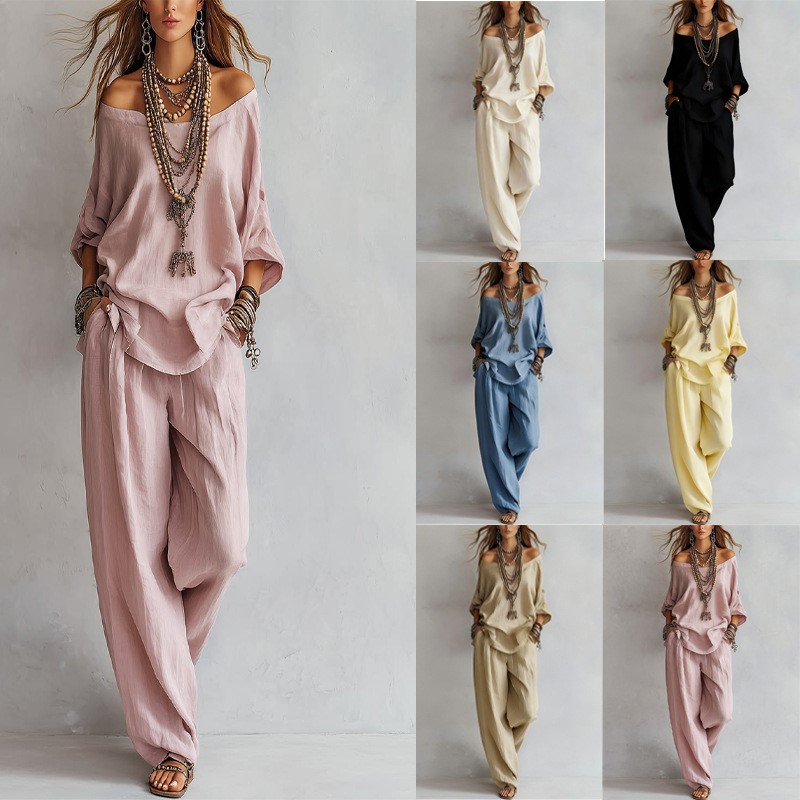 Linen Pant Wide - レディースツーピース七分袖トップスワンショルダーワイドレッグパンツ2026夏新作カジュアルルーズリネン無地スーツ