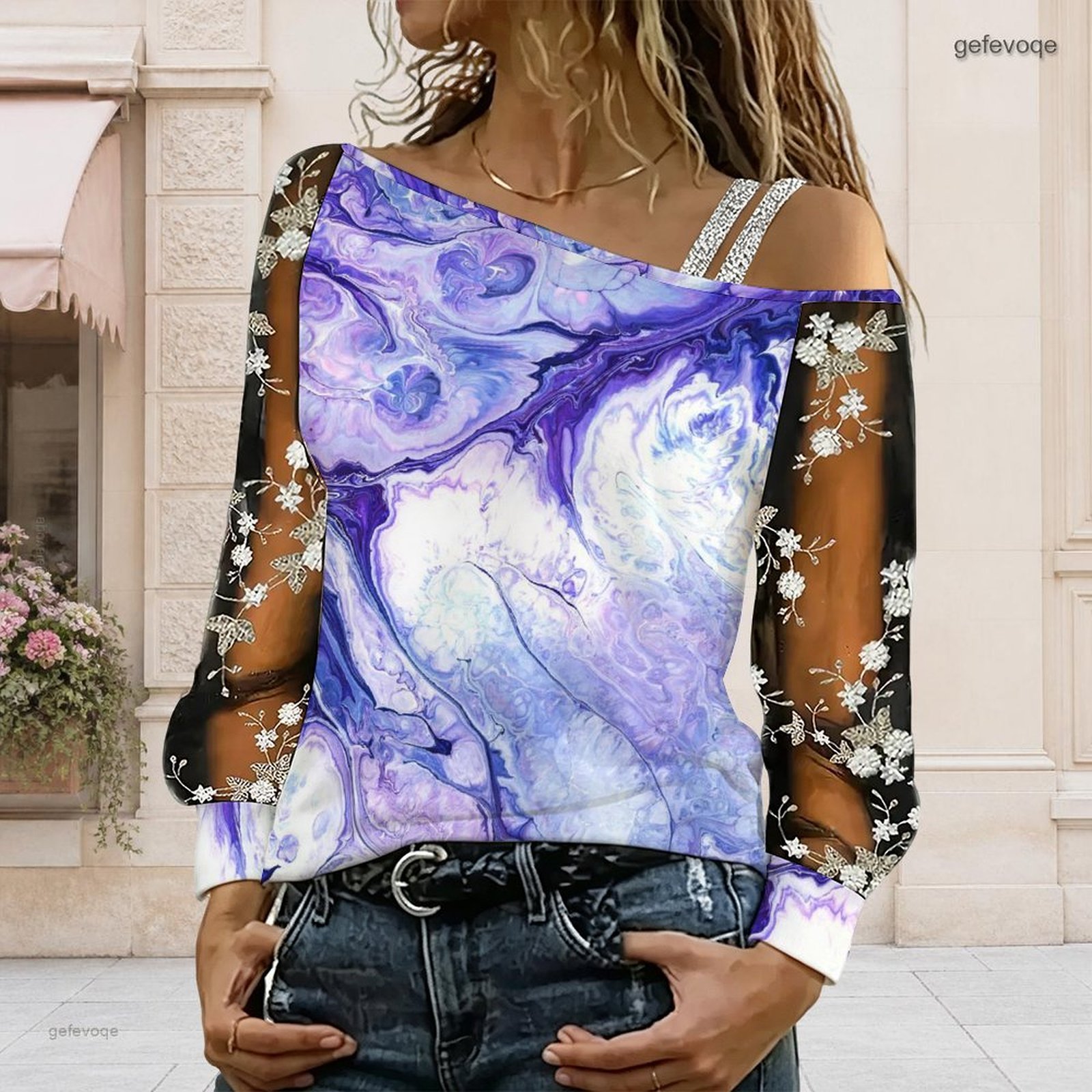 Blouse Off Shoulder - 女性用オフショルダーブラウス、アシンメトリーなワンショルダートップ、レース花柄メッシュ、長袖スリングディテール、ルーズカジュアルTシャツ