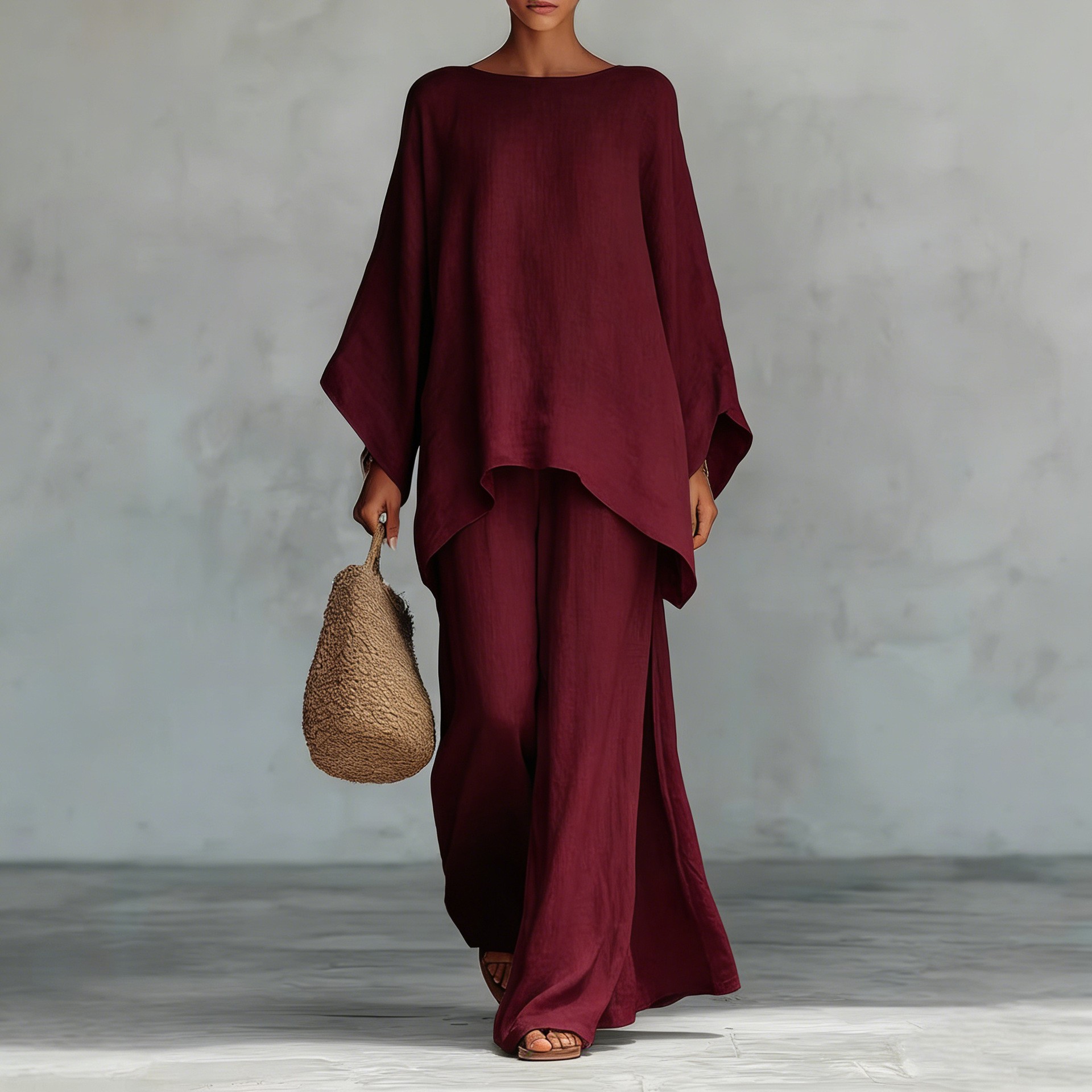 Linen Pant Wide - 2026年欧米新作モデル：女性用シンプルでリラックス感のあるリネン混紡シャツとワイドレッグパンツのセット