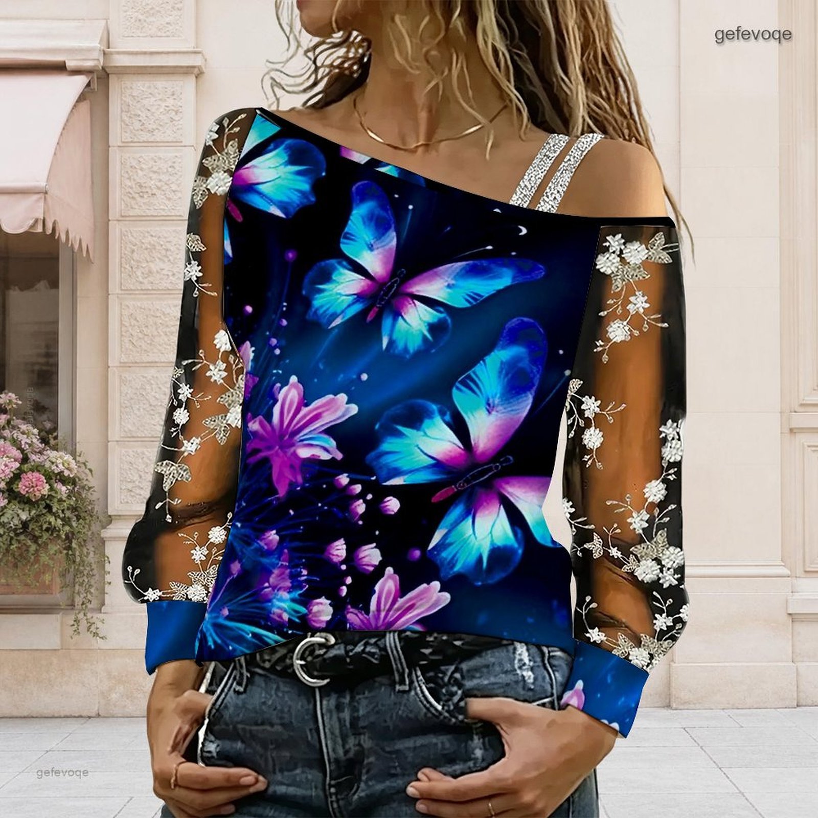 Blouse Off Shoulder - 女性用オフショルダーブラウス、アシンメトリーなワンショルダートップ、レース花柄メッシュ、長袖スリングディテール、ルーズカジュアルTシャツ