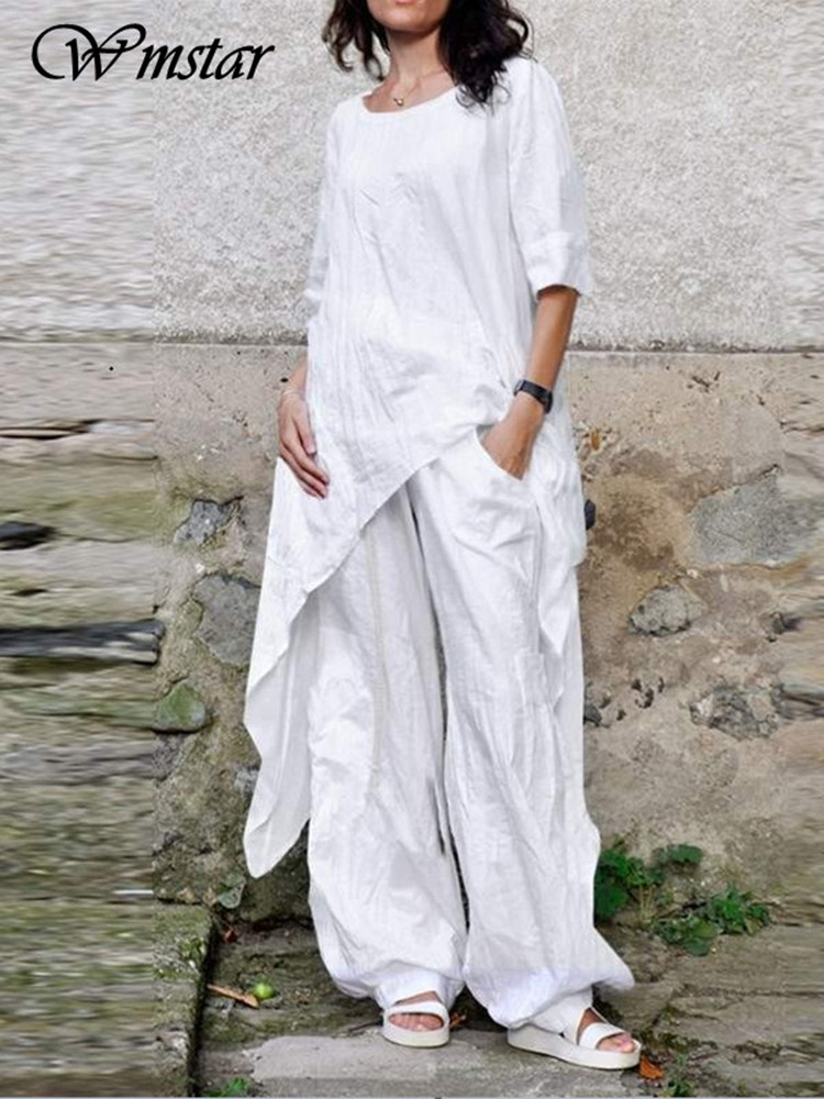 Linen Pant Wide - Wmstar-レディース2点セット,カジュアルなロングトップとパンツ,秋の服,新作コレクション,卸売り,コレクションS-5XL