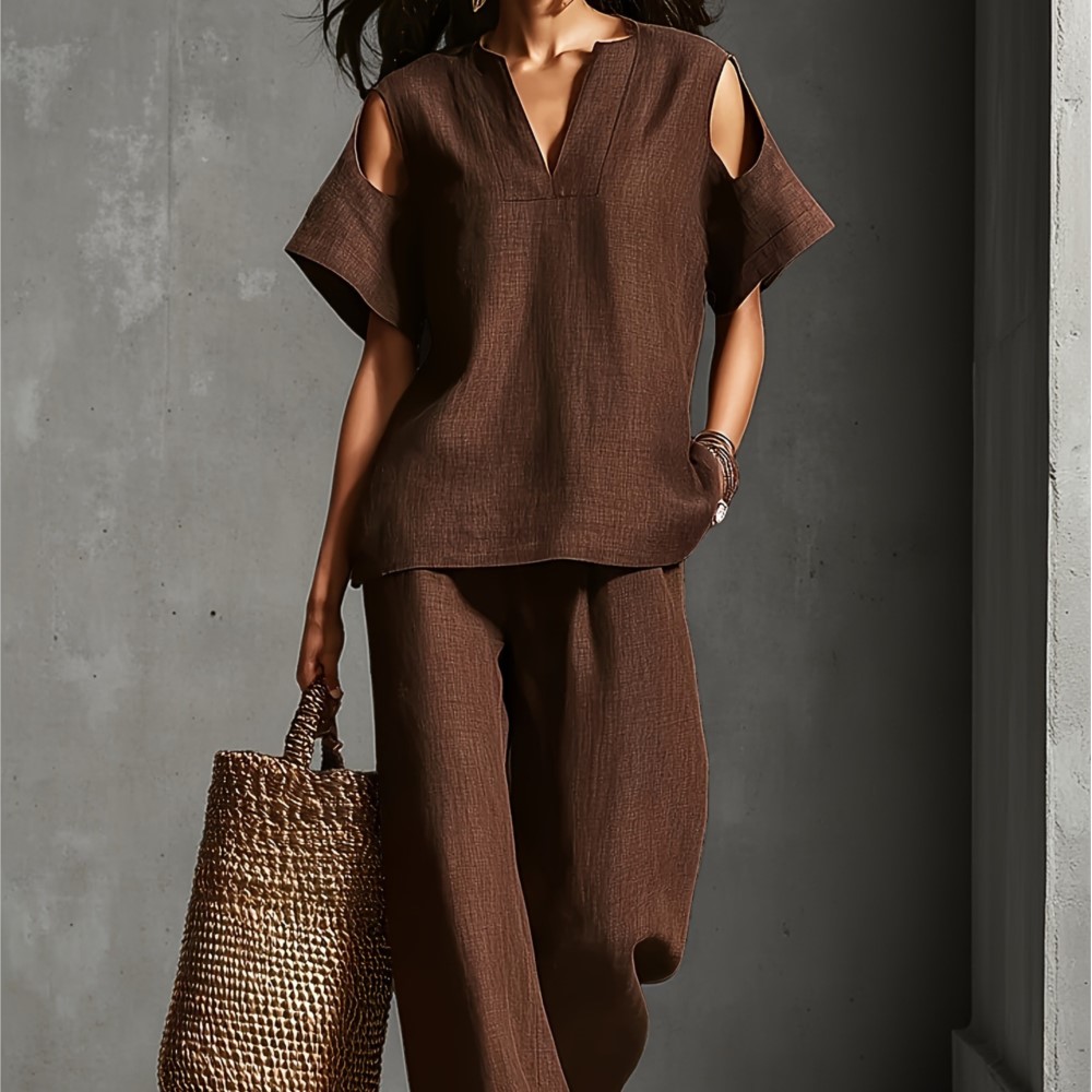 女性用 ソリッドカラー シンプル リネン ツーピース コール - Linen Pant Wide のレビューと価格