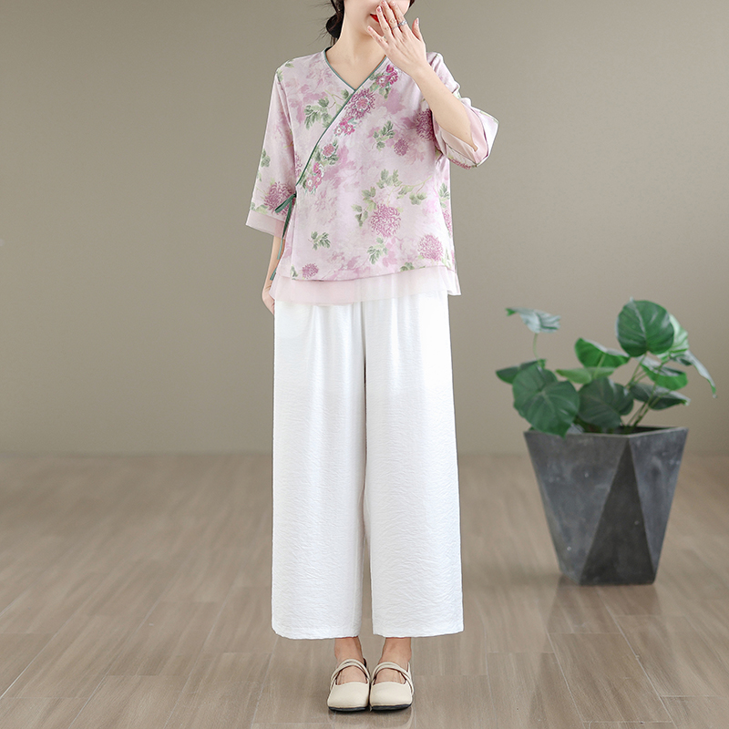 エレガントな綿麻刺繍入りVネックシャツ レディース 夏用 薄 - Linen Pant Wide のレビューと価格