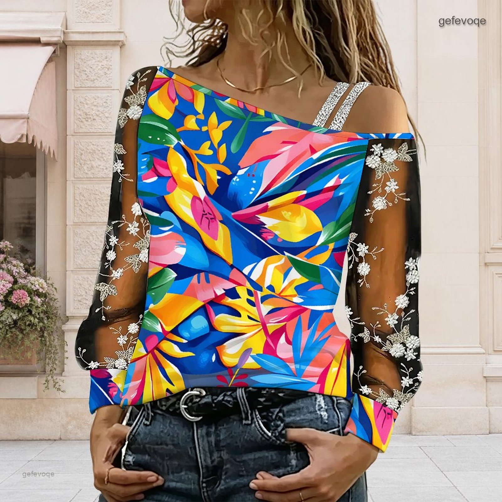 女性用オフショルダーブラウス、アシンメトリーなワンショルダー - Blouse Off Shoulder のレビューと価格
