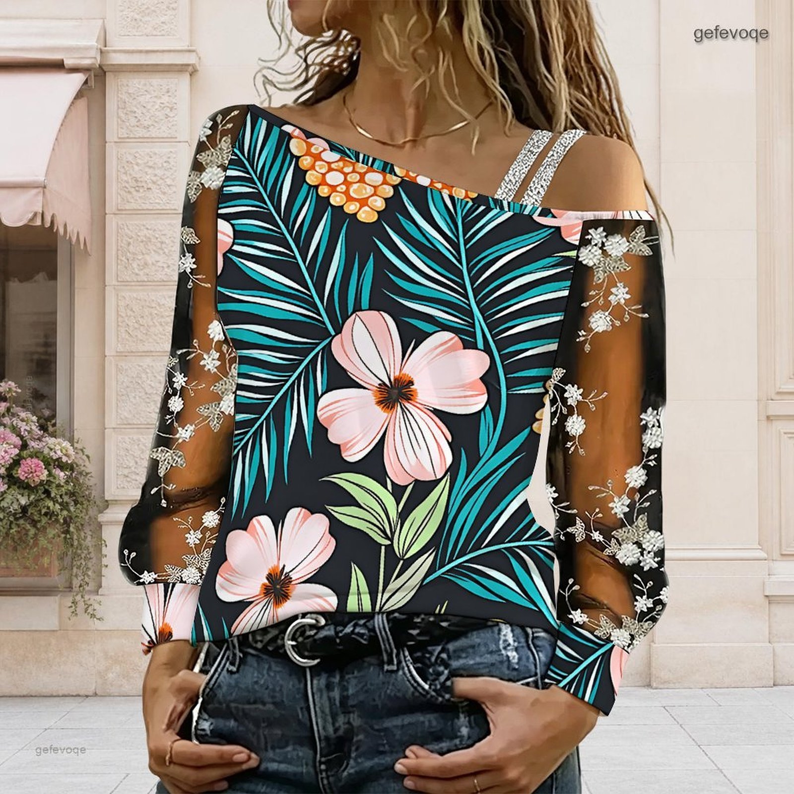 女性用オフショルダーブラウス、アシンメトリーなワンショルダー - Blouse Off Shoulder のレビューと価格