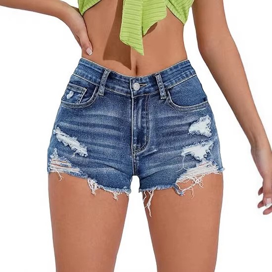 レディースハイウエストダメージ加工ブルーデニムショートパンツ - Shorts Denim Frayed のレビューと価格