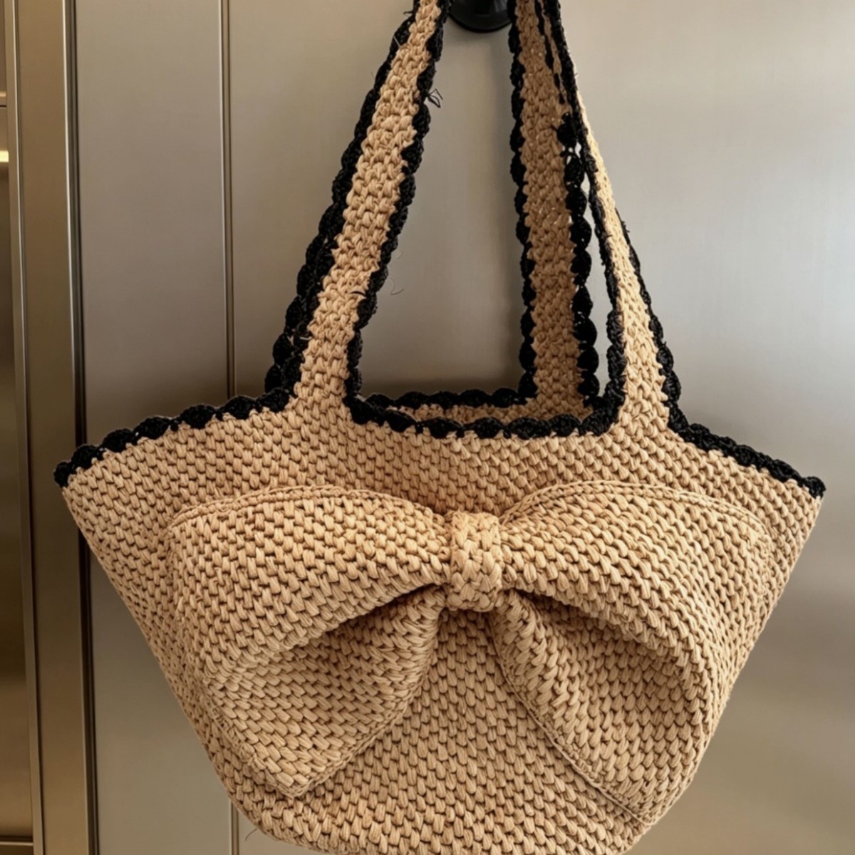 新しいラフィアのリボン付き手編みビーチバッグ、女性用夏の麦わ - Crochet Bag Raffia のレビューと価格