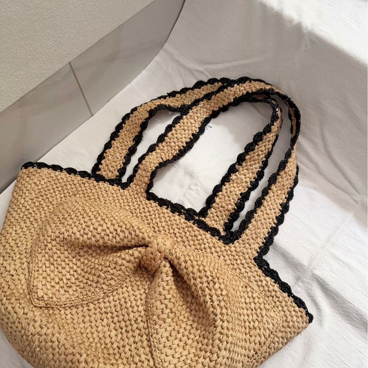新しいラフィアのリボン付き手編みビーチバッグ、女性用夏の麦わ - Crochet Bag Raffia のレビューと価格