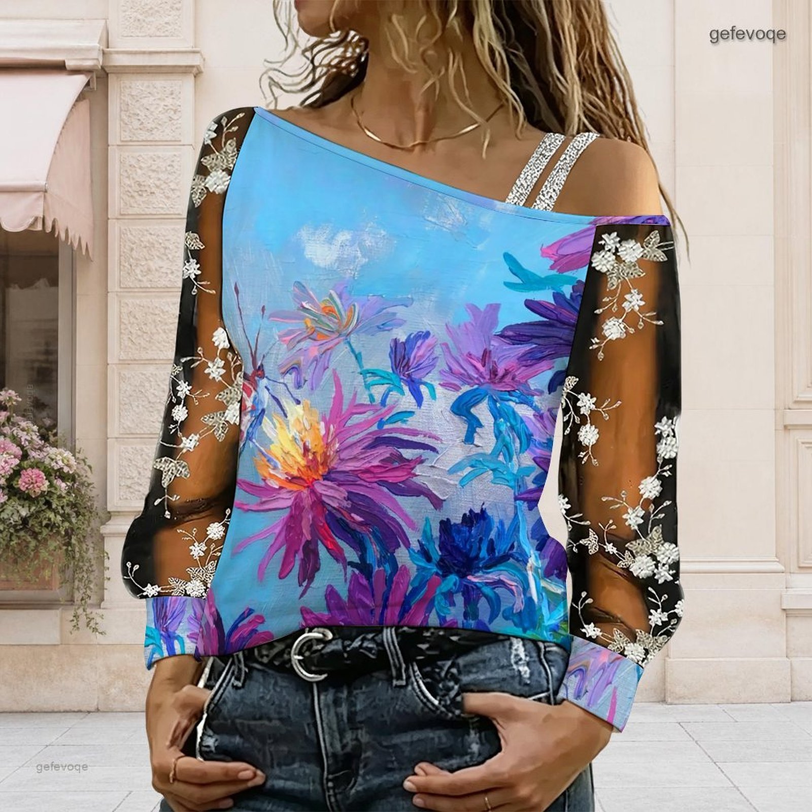 女性用オフショルダーブラウス、アシンメトリーなワンショルダー - Blouse Off Shoulder のレビューと価格