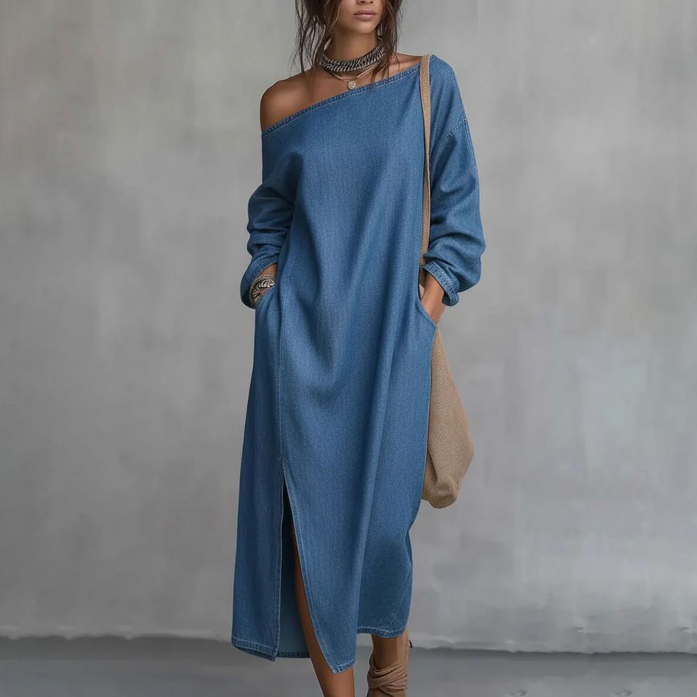 レディースワンショルダーロングスリーブマキシワンピース、カジ - Linen Dress Wrap のレビューと価格