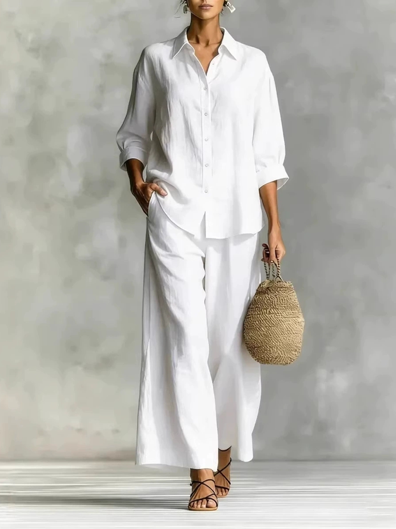 レディース新作7分袖シャツ＆ワイドレッグパンツカジュアルセッ - Linen Pant Wide のレビューと価格