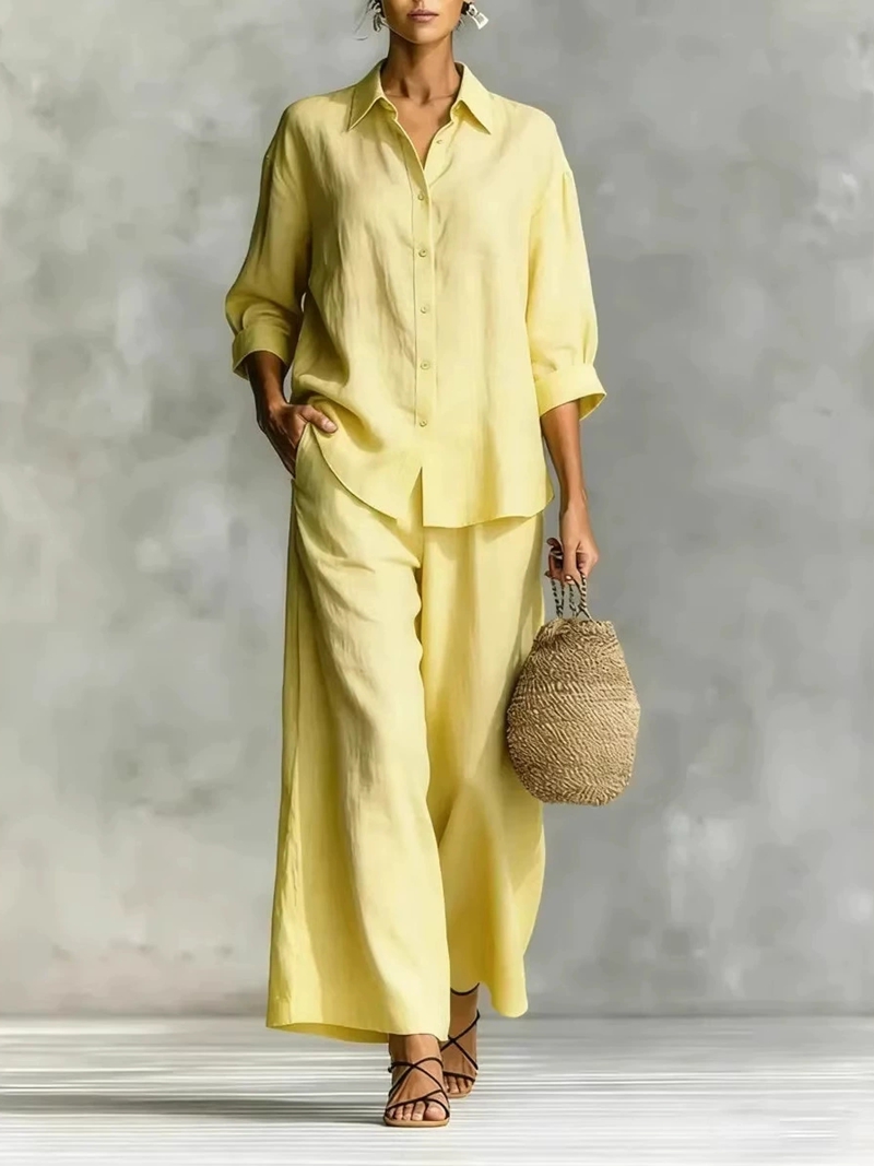 レディース新作7分袖シャツ＆ワイドレッグパンツカジュアルセッ - Linen Pant Wide のレビューと価格