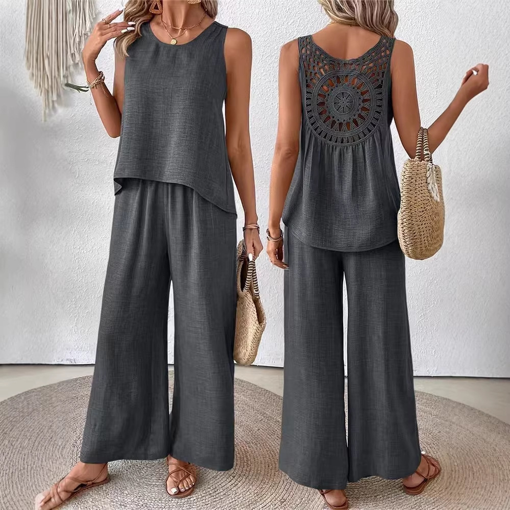 ツーピース レディース 無地パンツセット ホローアウト マッ - Linen Pant Wide のレビューと価格