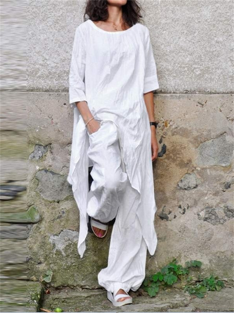 Wmstar-レディース2点セット,カジュアルなロングトップ - Linen Pant Wide のレビューと価格