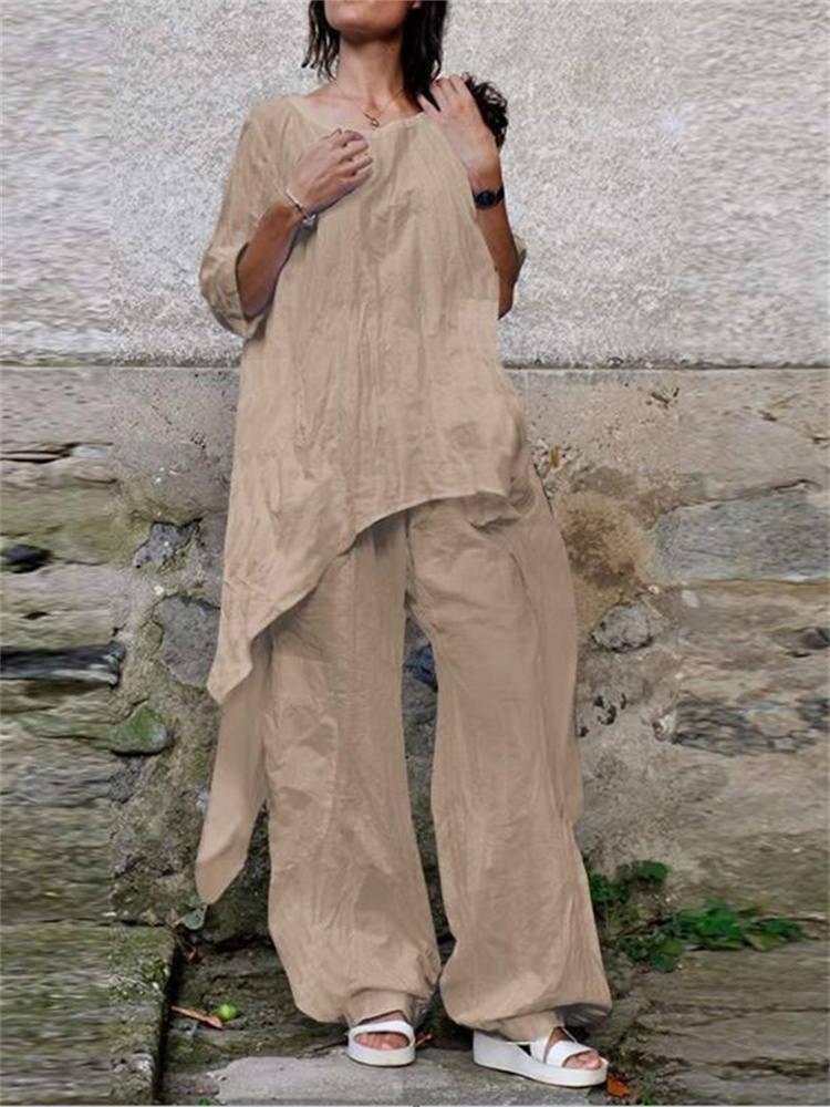 Wmstar-レディース2点セット,カジュアルなロングトップ - Linen Pant Wide のレビューと価格