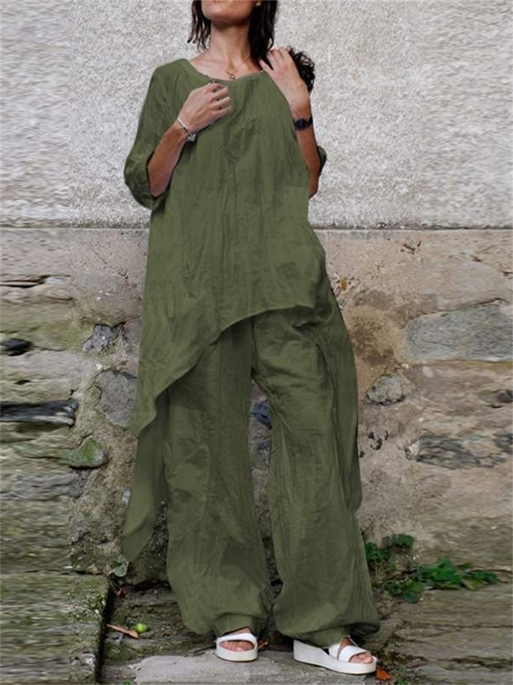 Wmstar-レディース2点セット,カジュアルなロングトップ - Linen Pant Wide のレビューと価格