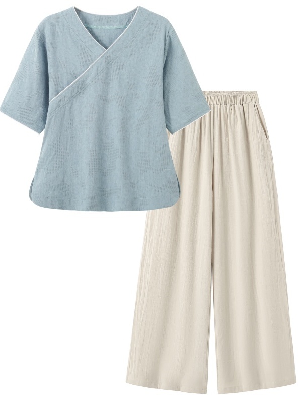 新中国風芸術的レトロ綿麻半袖トップスワイドレッグパンツツーピ - Linen Pant Wide のレビューと価格