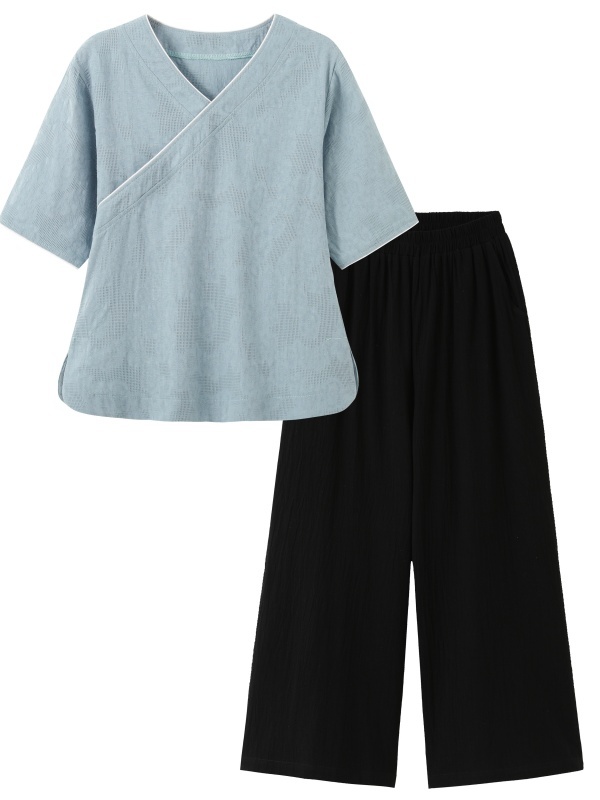 新中国風芸術的レトロ綿麻半袖トップスワイドレッグパンツツーピ - Linen Pant Wide のレビューと価格